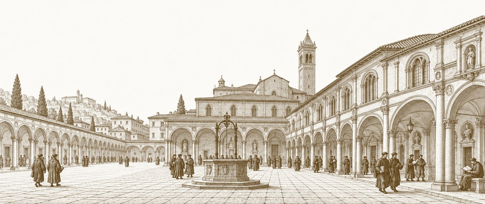 Engraving: the arcaded cloister of an old university
